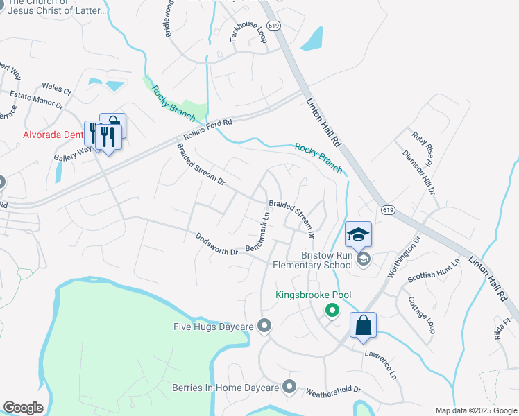 map of restaurants, bars, coffee shops, grocery stores, and more near 8854 Benchmark Lane in Bristow