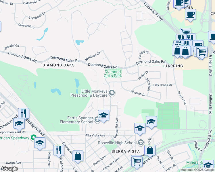 map of restaurants, bars, coffee shops, grocery stores, and more near 101 Sierra Oaks Court in Roseville