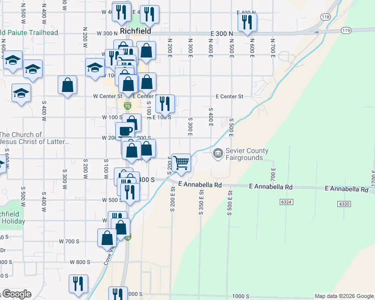 map of restaurants, bars, coffee shops, grocery stores, and more near 260 South 300 East in Richfield