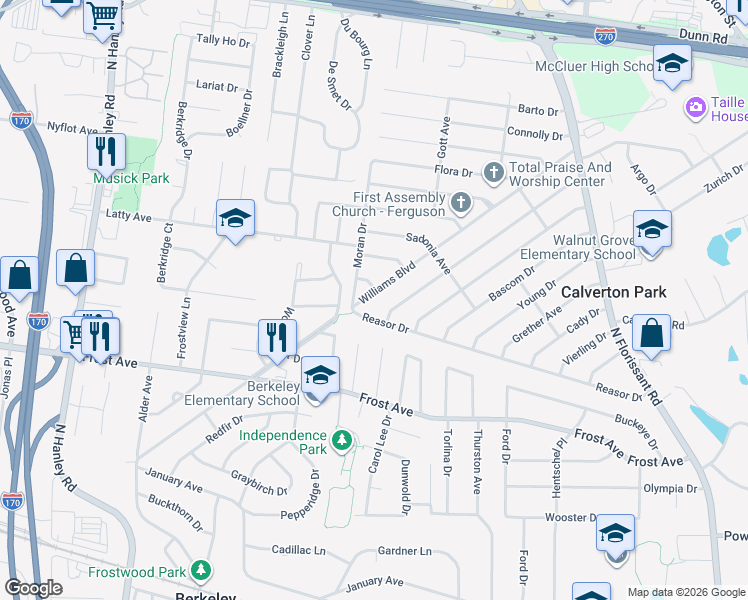 map of restaurants, bars, coffee shops, grocery stores, and more near 280 Williams Boulevard in St. Louis