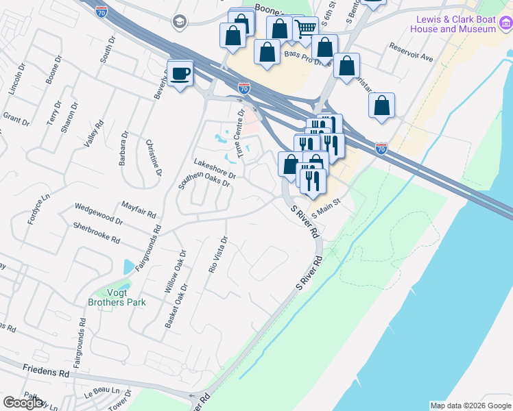 map of restaurants, bars, coffee shops, grocery stores, and more near 1715 South 5th Street in Saint Charles