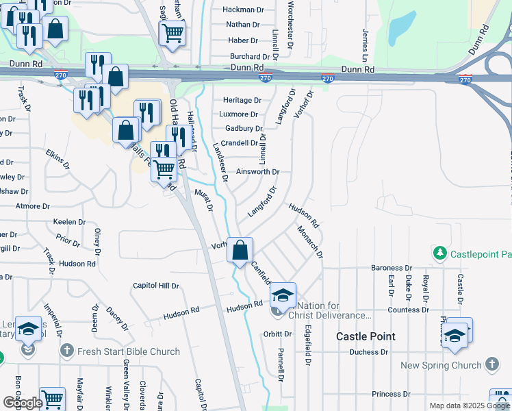 map of restaurants, bars, coffee shops, grocery stores, and more near 10539 Langford Drive in St. Louis