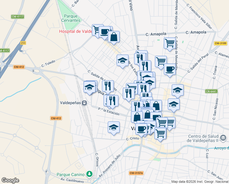 map of restaurants, bars, coffee shops, grocery stores, and more near 107 Calle Torrecilla in Valdepeñas