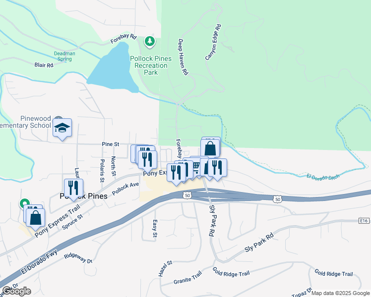 map of restaurants, bars, coffee shops, grocery stores, and more near 2921 Forebay Road in Pollock Pines