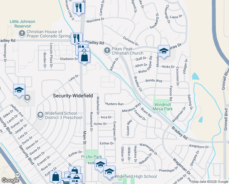 map of restaurants, bars, coffee shops, grocery stores, and more near 4875 Hunters Run in Colorado Springs
