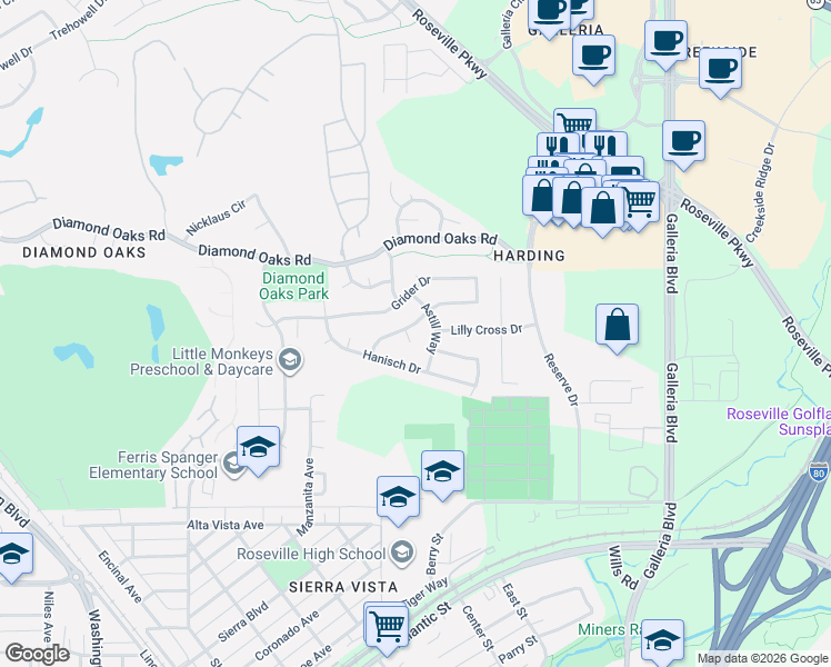map of restaurants, bars, coffee shops, grocery stores, and more near 691 Astill Way in Roseville