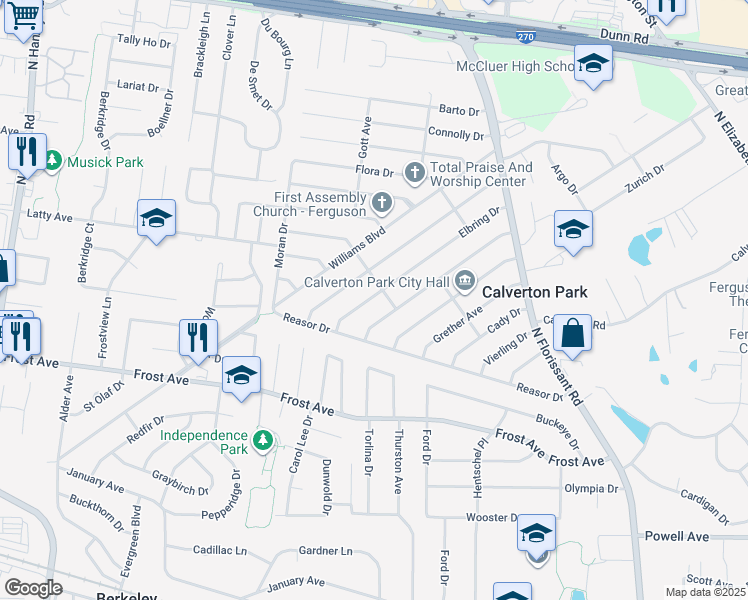 map of restaurants, bars, coffee shops, grocery stores, and more near 223 Elbring Drive in St. Louis