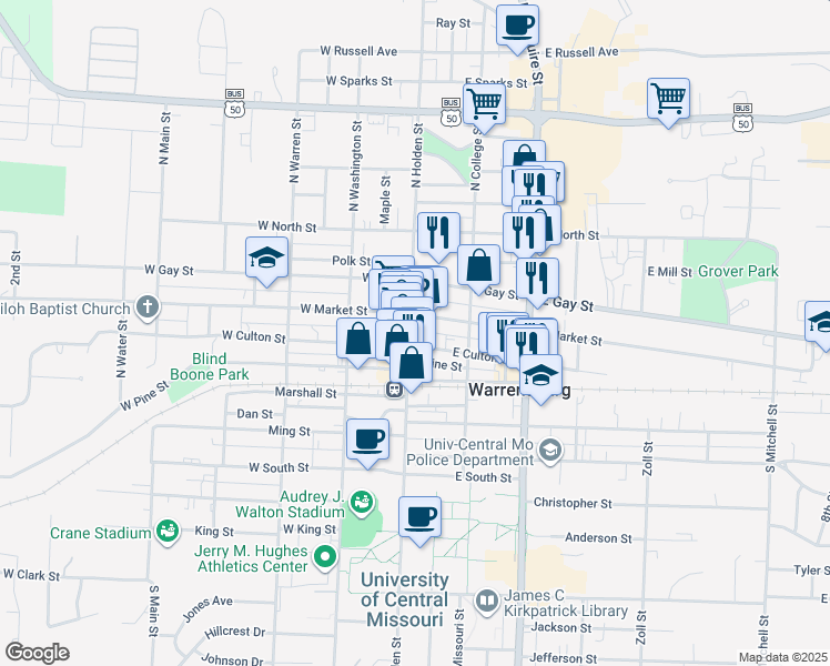 map of restaurants, bars, coffee shops, grocery stores, and more near 110 East Market Street in Warrensburg