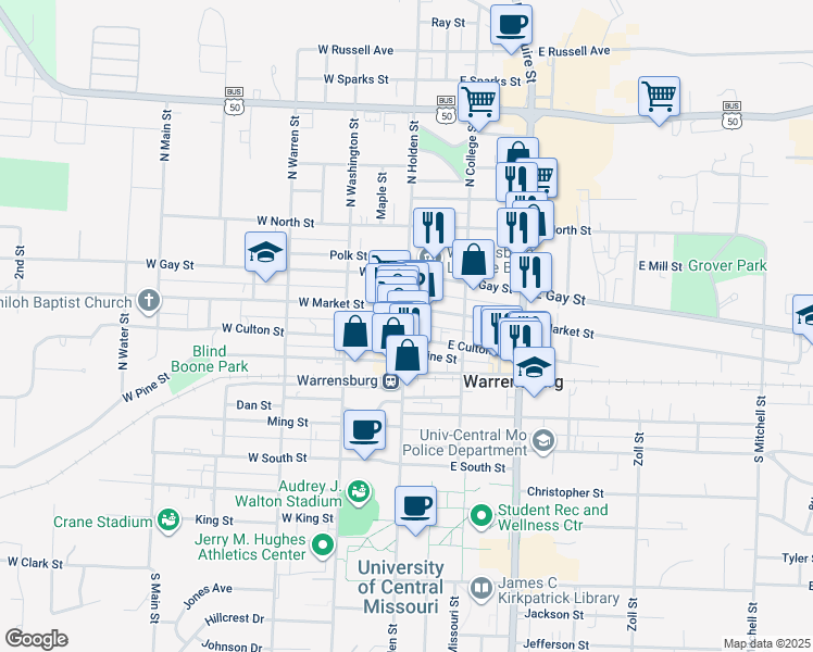 map of restaurants, bars, coffee shops, grocery stores, and more near 112 Hout Street in Warrensburg