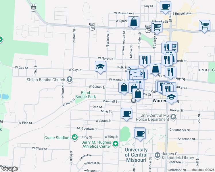 map of restaurants, bars, coffee shops, grocery stores, and more near 301 West Culton Street in Warrensburg