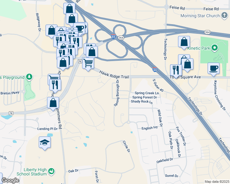 map of restaurants, bars, coffee shops, grocery stores, and more near 4301 Spring River Drive in O'Fallon