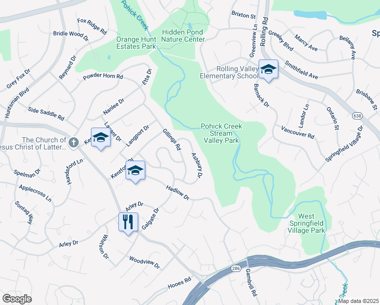 map of restaurants, bars, coffee shops, grocery stores, and more near 6916 Ashbury Drive in Springfield