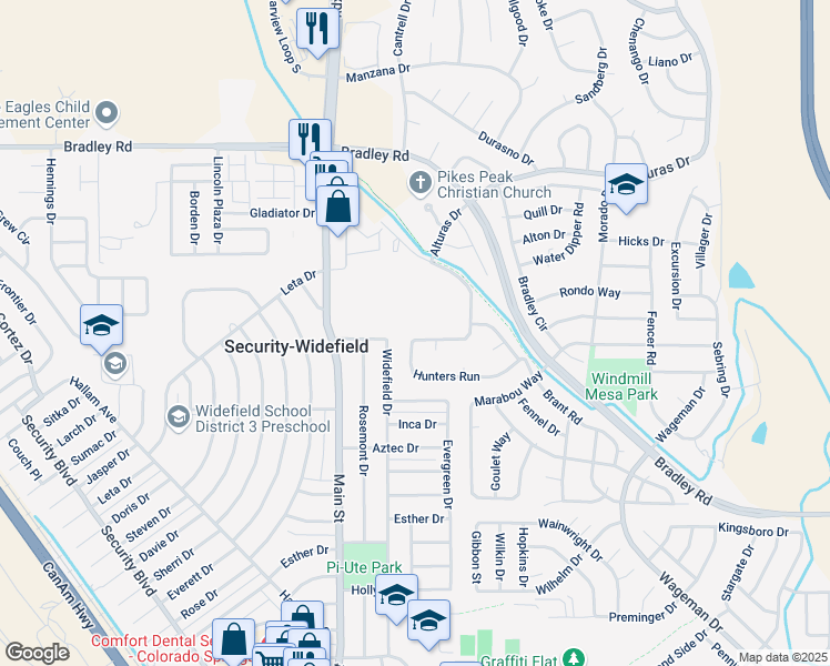 map of restaurants, bars, coffee shops, grocery stores, and more near 4965 Hunters Run in Colorado Springs