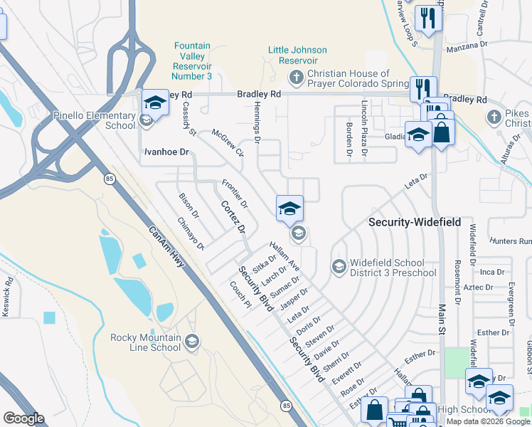 map of restaurants, bars, coffee shops, grocery stores, and more near 4658 Cassidy Street in Colorado Springs