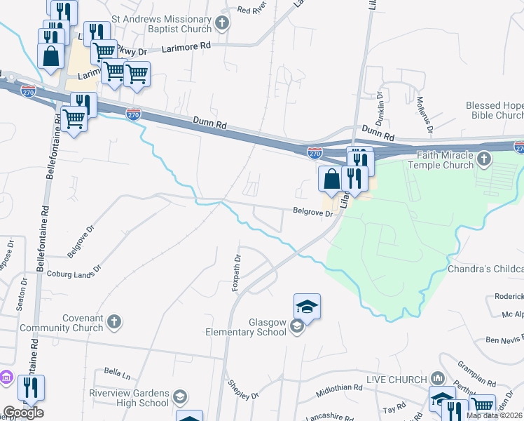 map of restaurants, bars, coffee shops, grocery stores, and more near 1230 Belgrove Drive in St. Louis