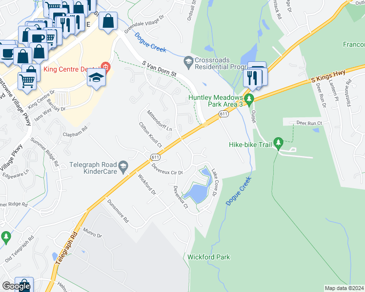 map of restaurants, bars, coffee shops, grocery stores, and more near 7002 Devereux Circle Drive in Alexandria