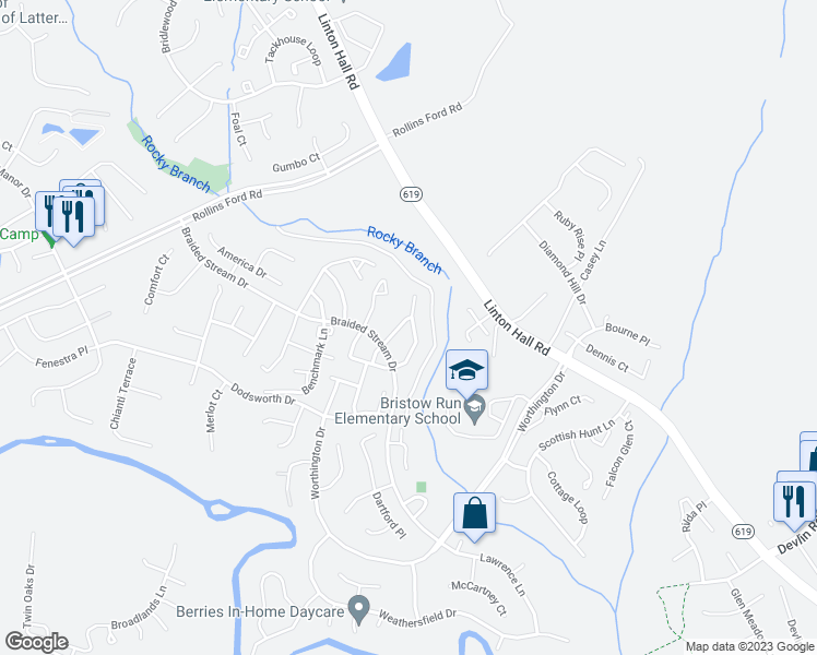 map of restaurants, bars, coffee shops, grocery stores, and more near 8862 Moat Crossing Place in Bristow