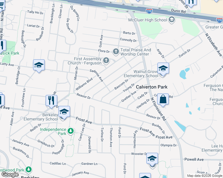 map of restaurants, bars, coffee shops, grocery stores, and more near 169 Bascom Drive in St. Louis