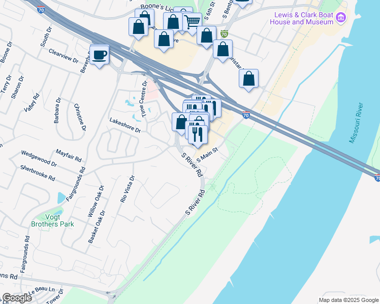 map of restaurants, bars, coffee shops, grocery stores, and more near 333 Camelback Road in Saint Charles