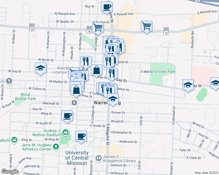 map of restaurants, bars, coffee shops, grocery stores, and more near 241 Missouri 13 Business in Warrensburg