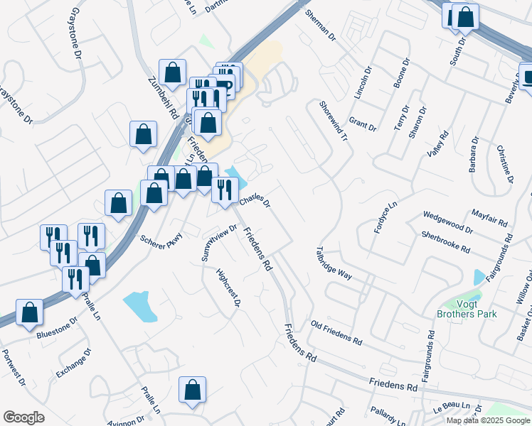 map of restaurants, bars, coffee shops, grocery stores, and more near 21 Charles Drive in Saint Charles