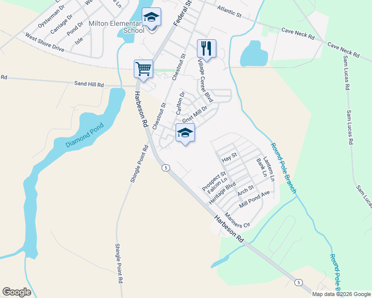 map of restaurants, bars, coffee shops, grocery stores, and more near 16391 Harbeson Road in Milton