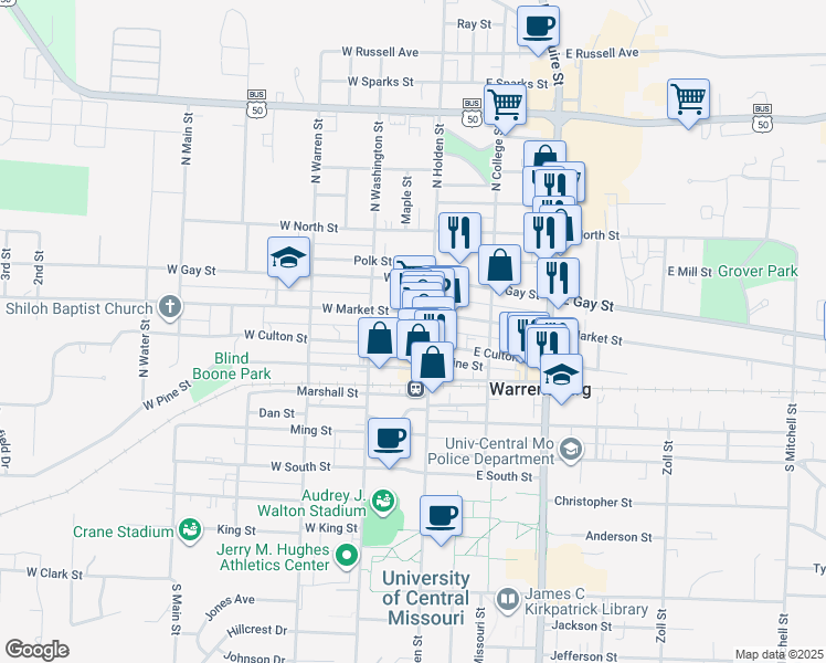 map of restaurants, bars, coffee shops, grocery stores, and more near 112 Hout Street in Warrensburg