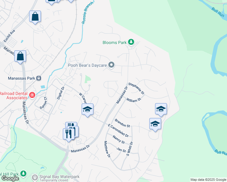 map of restaurants, bars, coffee shops, grocery stores, and more near 9205 Greenshire Drive in Manassas