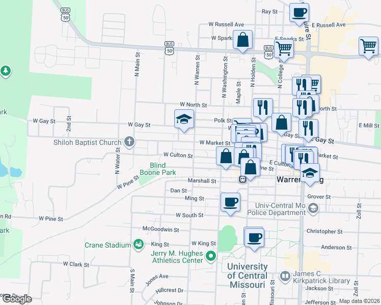 map of restaurants, bars, coffee shops, grocery stores, and more near 301 West Culton Street in Warrensburg