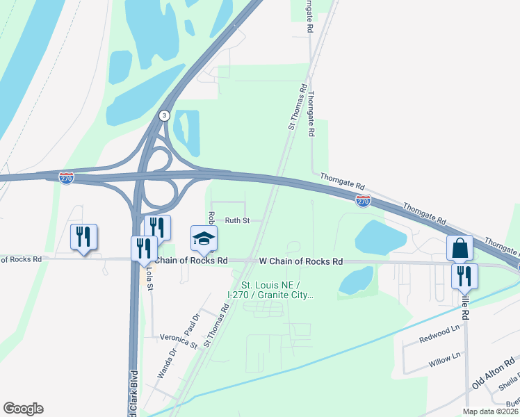 map of restaurants, bars, coffee shops, grocery stores, and more near 1366 Saint Thomas Road in Granite City