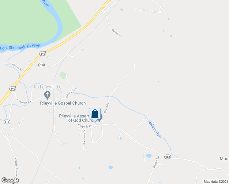 map of restaurants, bars, coffee shops, grocery stores, and more near Young Road in Rileyville