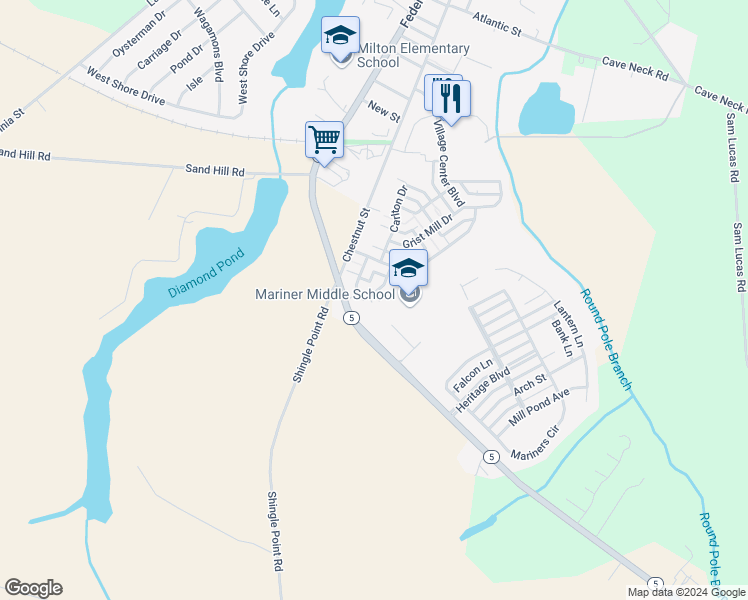 map of restaurants, bars, coffee shops, grocery stores, and more near 128 Ellison Drive in Milton