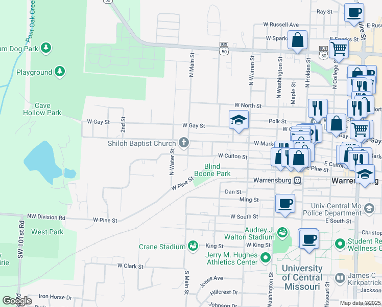 map of restaurants, bars, coffee shops, grocery stores, and more near 201 North Main Street in Warrensburg