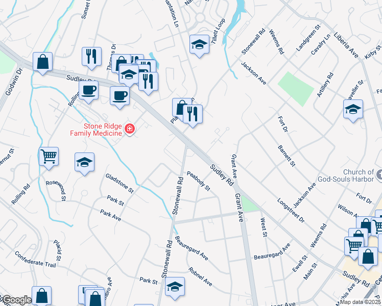 map of restaurants, bars, coffee shops, grocery stores, and more near 8802 Sudley Road in Manassas