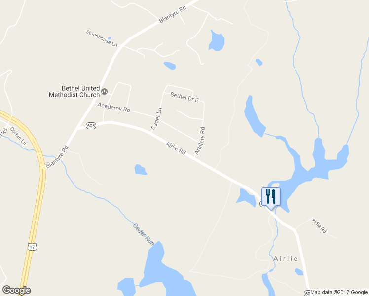 map of restaurants, bars, coffee shops, grocery stores, and more near 7160 Airlie Road in Warrenton