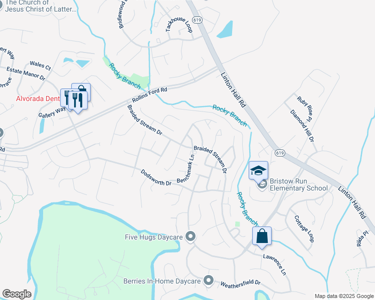 map of restaurants, bars, coffee shops, grocery stores, and more near 8850 Benchmark Lane in Bristow