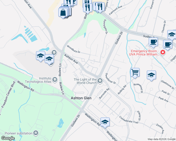 map of restaurants, bars, coffee shops, grocery stores, and more near 8839 Oak Hollow Court in Manassas