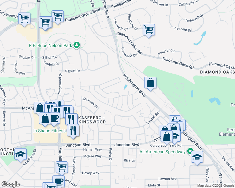 map of restaurants, bars, coffee shops, grocery stores, and more near 111 Kaseberg Drive in Roseville