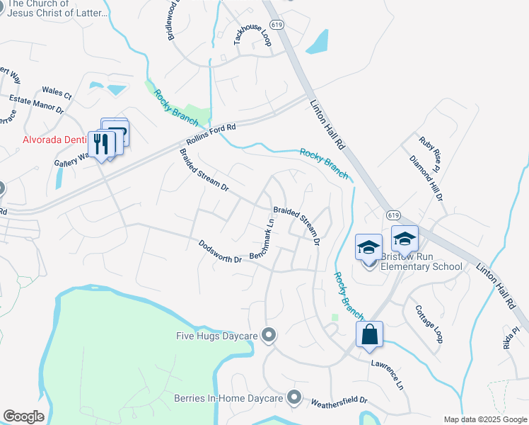 map of restaurants, bars, coffee shops, grocery stores, and more near 8850 Benchmark Lane in Bristow