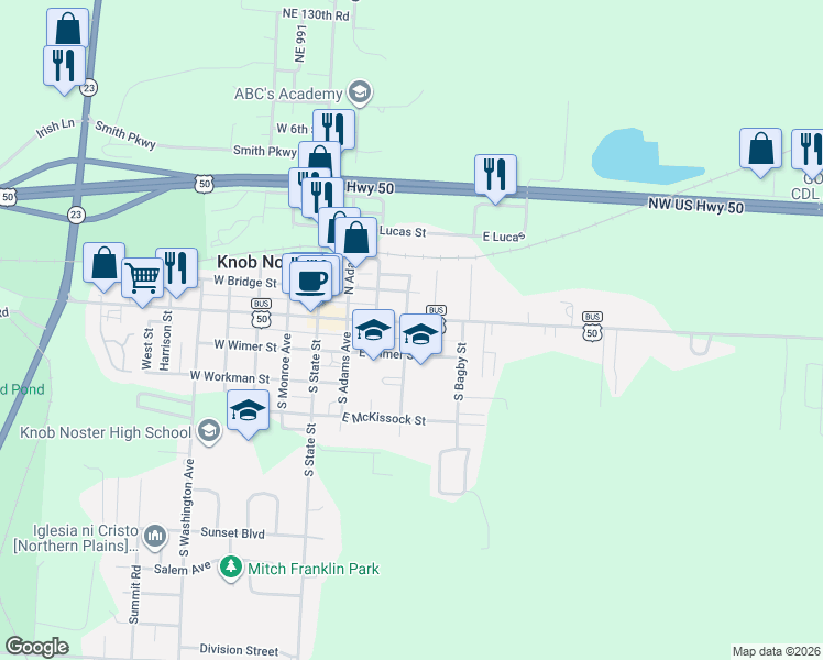 map of restaurants, bars, coffee shops, grocery stores, and more near 305 East McPherson Street in Knob Noster