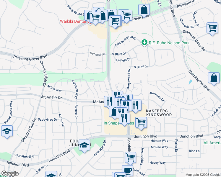 map of restaurants, bars, coffee shops, grocery stores, and more near 5 Marcia Way in Roseville