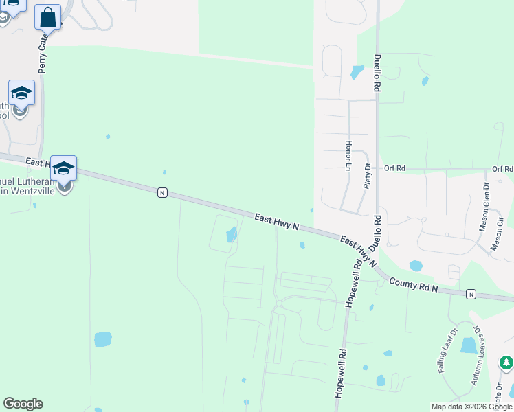 map of restaurants, bars, coffee shops, grocery stores, and more near 1065 East Highway North in Wentzville