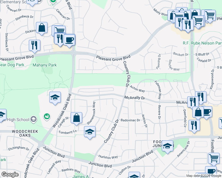 map of restaurants, bars, coffee shops, grocery stores, and more near 1449 Snapdragon Lane in Roseville