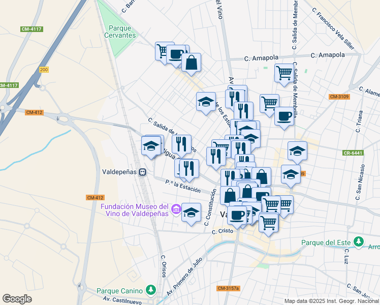map of restaurants, bars, coffee shops, grocery stores, and more near 107 Calle Torrecilla in Valdepeñas