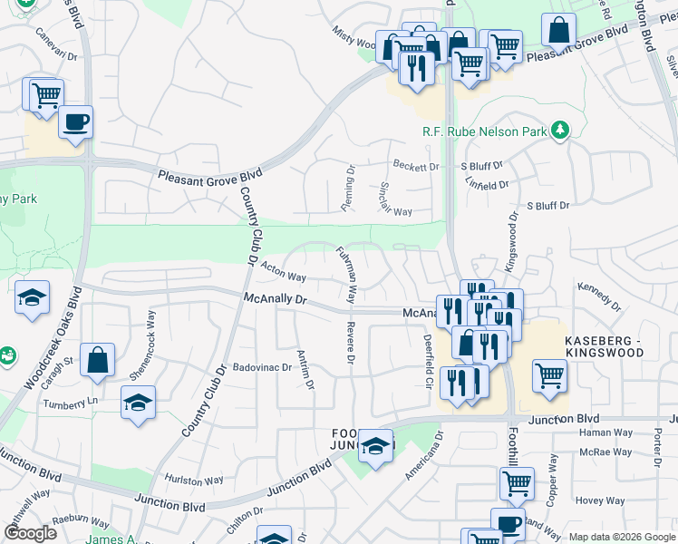 map of restaurants, bars, coffee shops, grocery stores, and more near 903 Parnell Court in Roseville