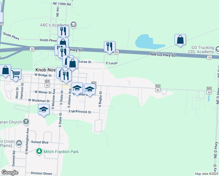 map of restaurants, bars, coffee shops, grocery stores, and more near 701 East McPherson Street in Knob Noster