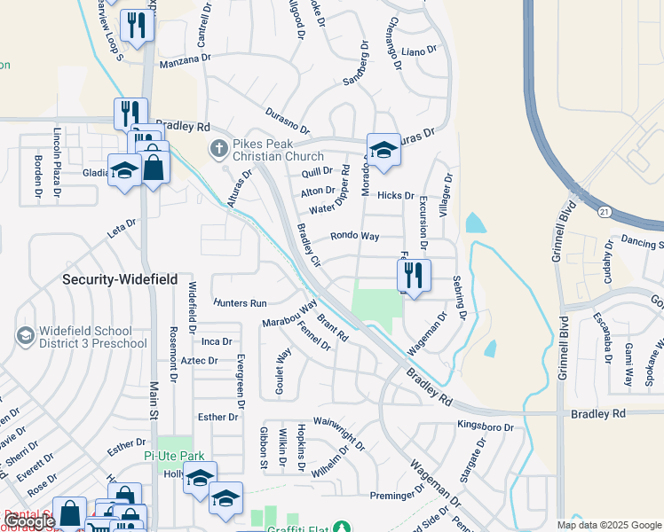 map of restaurants, bars, coffee shops, grocery stores, and more near 5348 Marabou Way in Colorado Springs
