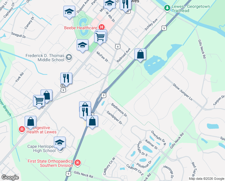 map of restaurants, bars, coffee shops, grocery stores, and more near 4 Inlet Place in Lewes