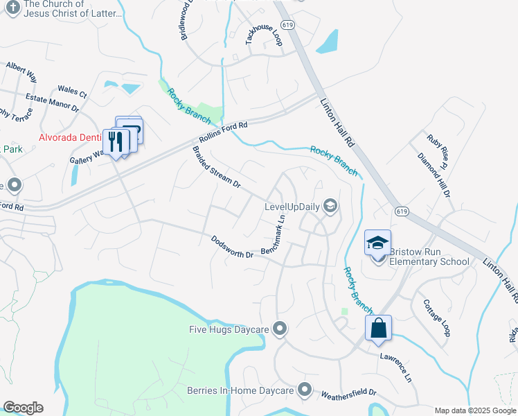 map of restaurants, bars, coffee shops, grocery stores, and more near 8850 Stable Forest Place in Bristow