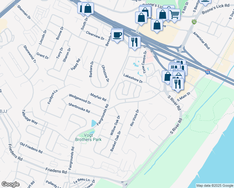 map of restaurants, bars, coffee shops, grocery stores, and more near 126 Southern Oaks Drive in Saint Charles